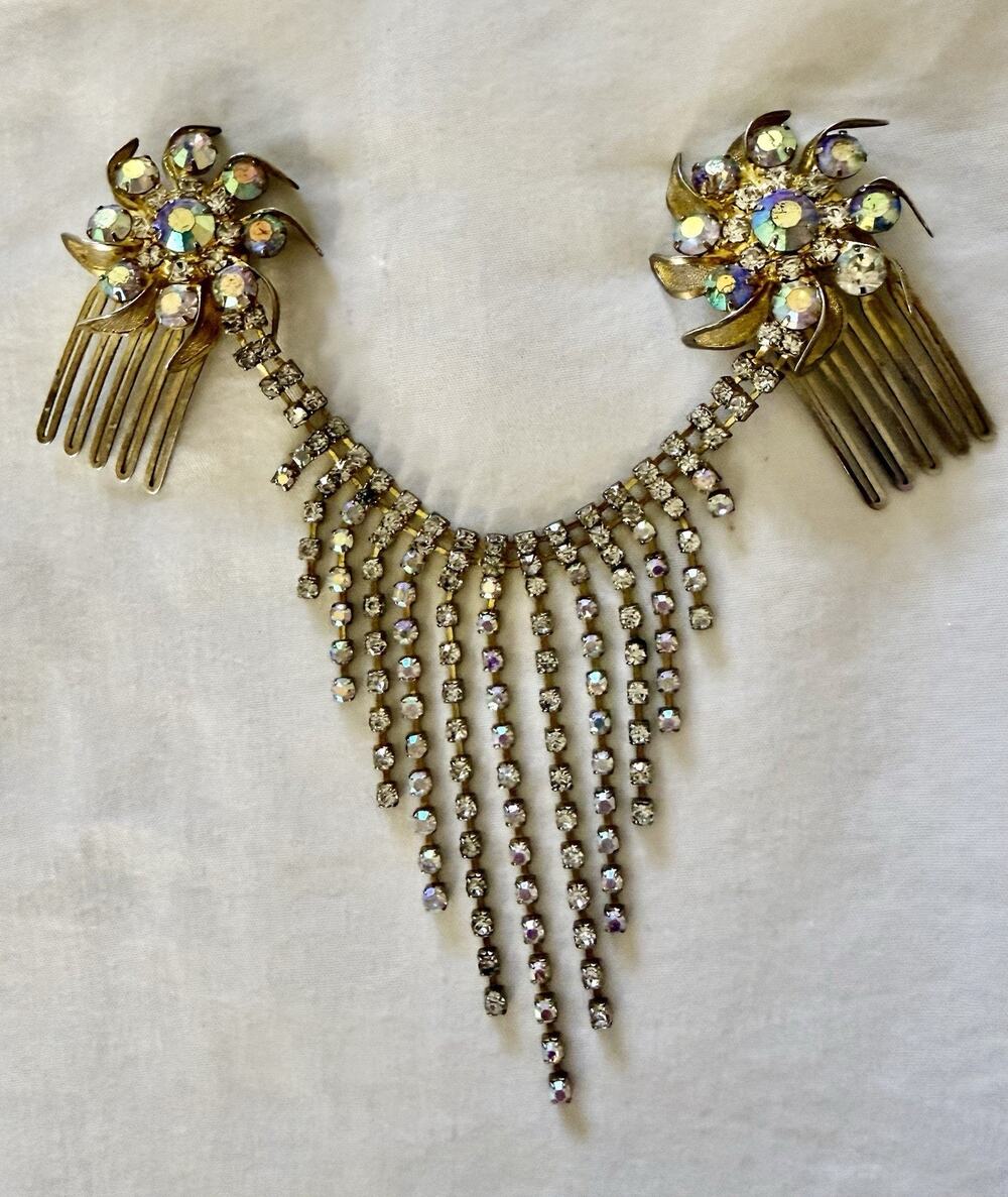 Vintage Double Hair Comb With Aurora Borealis Crystals